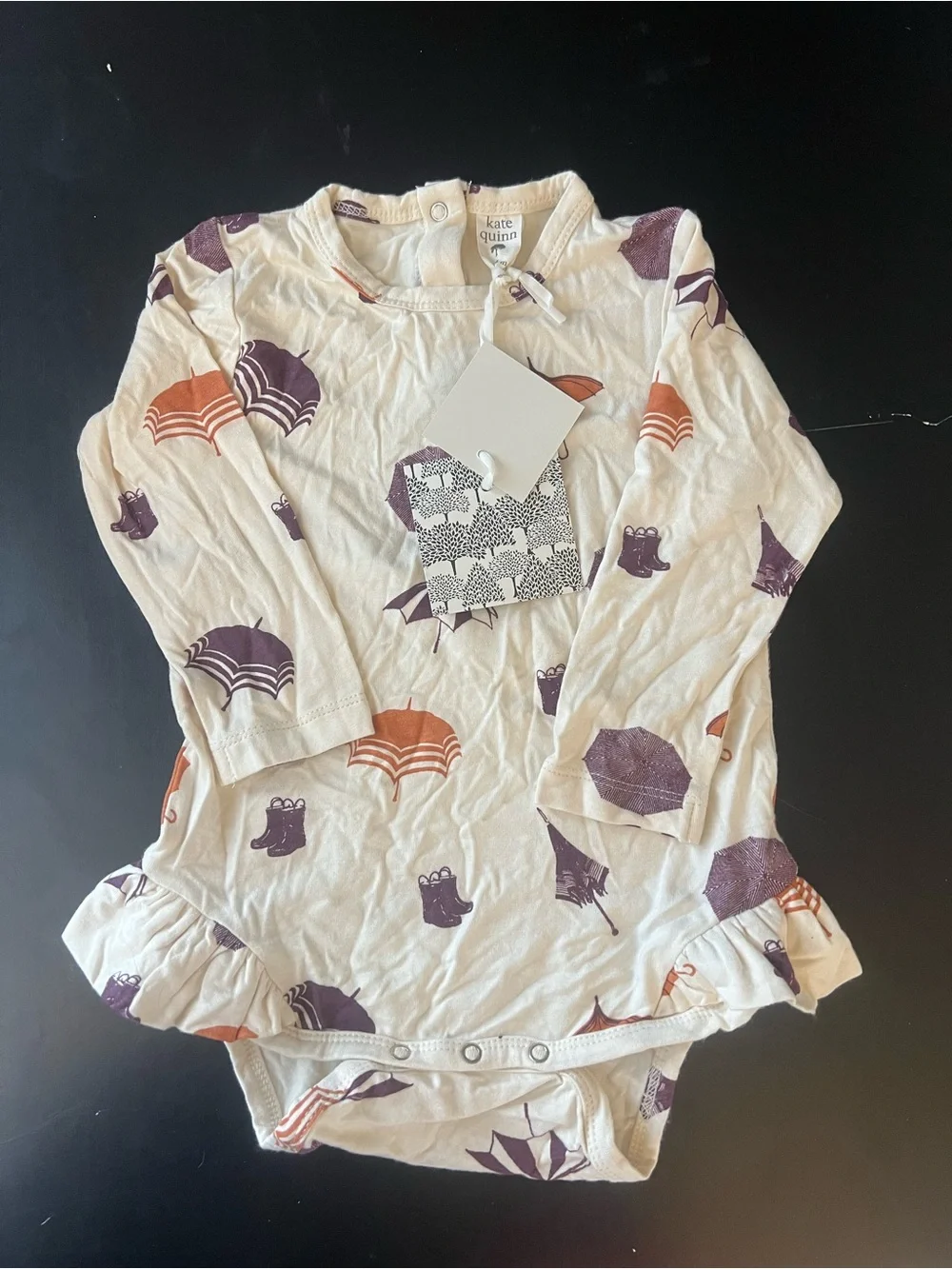 kate quinn Cream Bamboo Long-Sleeve Bodysuit with Purple and Rust Umbrella Print